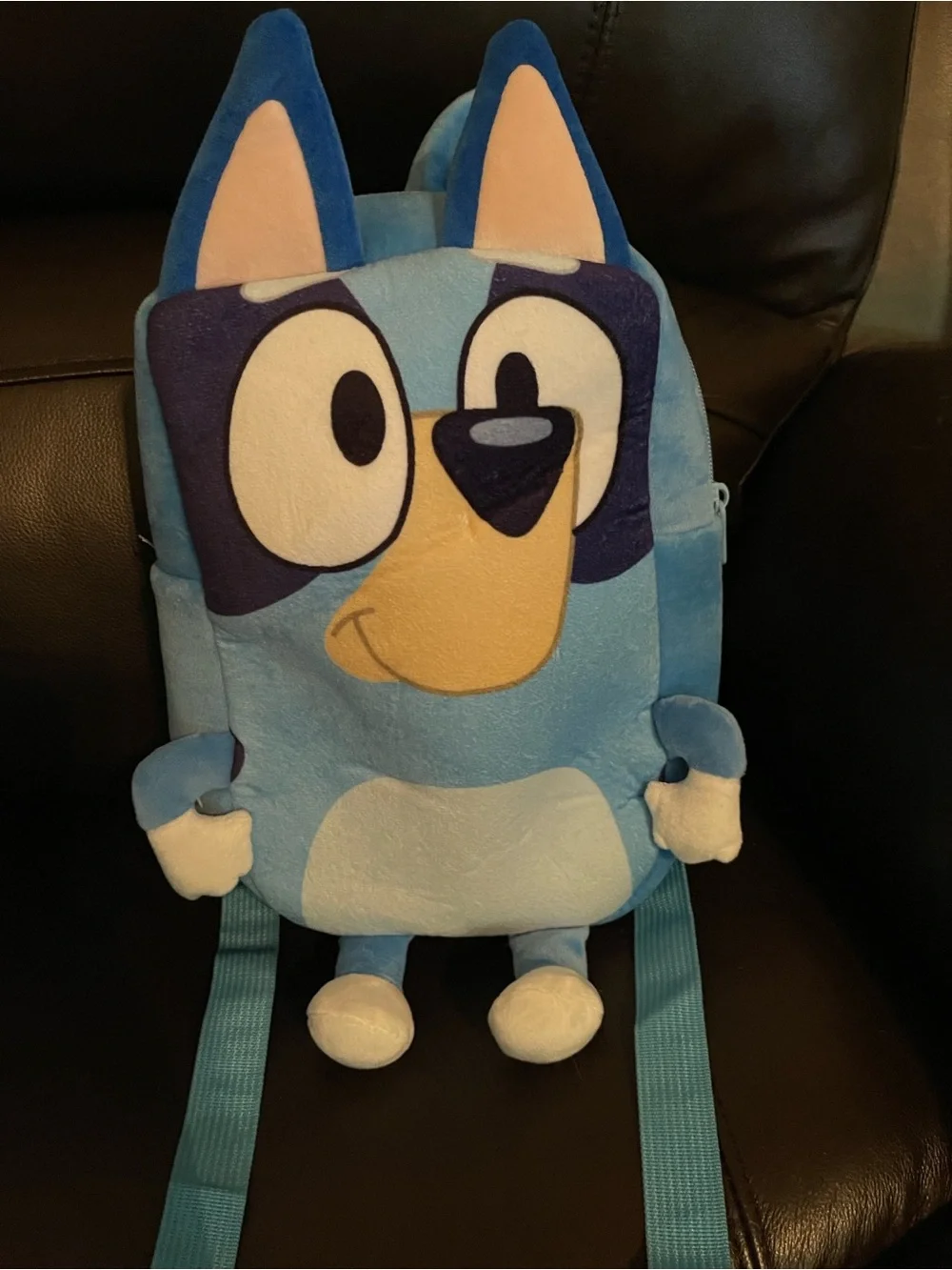 Blue Plush Kids Backpack with Character Face and Light Blue Straps
